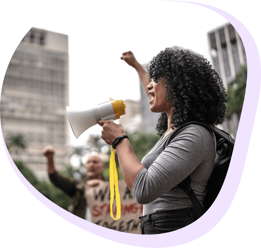 Protester with megaphone at rally