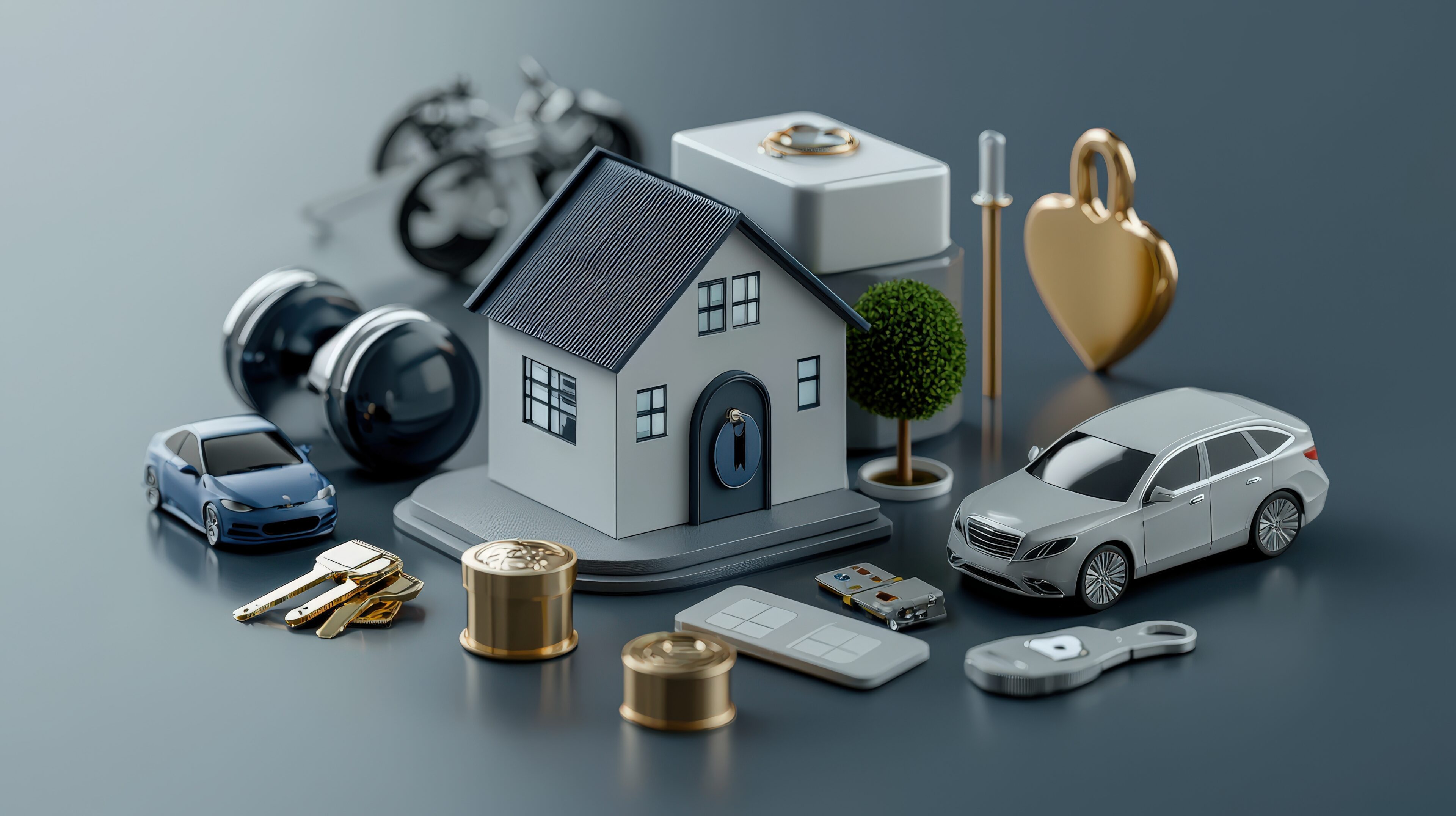 An illustration of various valuable assets including a miniature house, cars, weights, jewelry and safe suggesting wealth and personal property management..